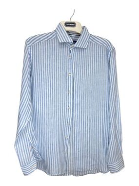 Eton Contemporary 100% Linen Blue White Stripe Shirt Men M 40 15 3/4